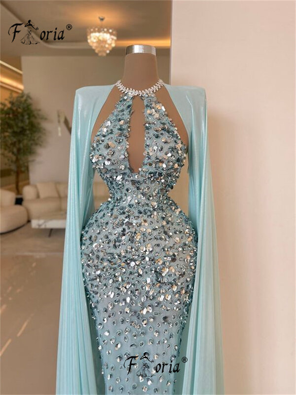 Luxury Dubai Stunning Rhinestones Sequin Formal Evening Dress with Long Cape Heavy Beads Mermaid Celebrity Party Dresses 2024