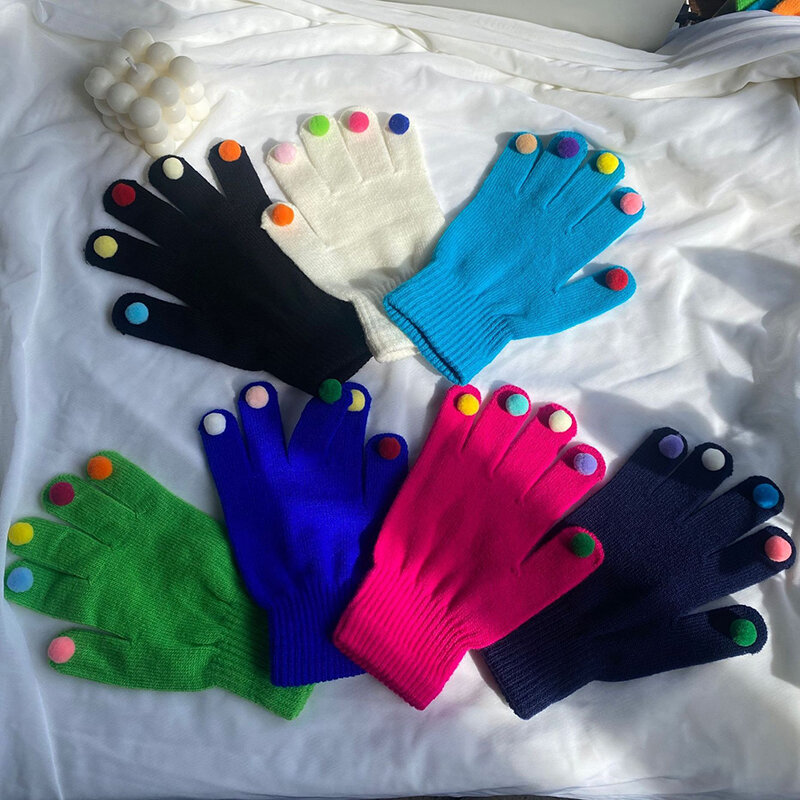 Guantes gruesos de punto para mujer, manoplas de cinco dedos con pompones de colores, moda, otoño e invierno, T196, 2022