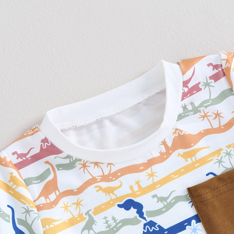 Bebê menino manga curta dinossauro impressão top e shorts conjunto, roupas de criança, cor sólida top, roupas de verão, 2pcs