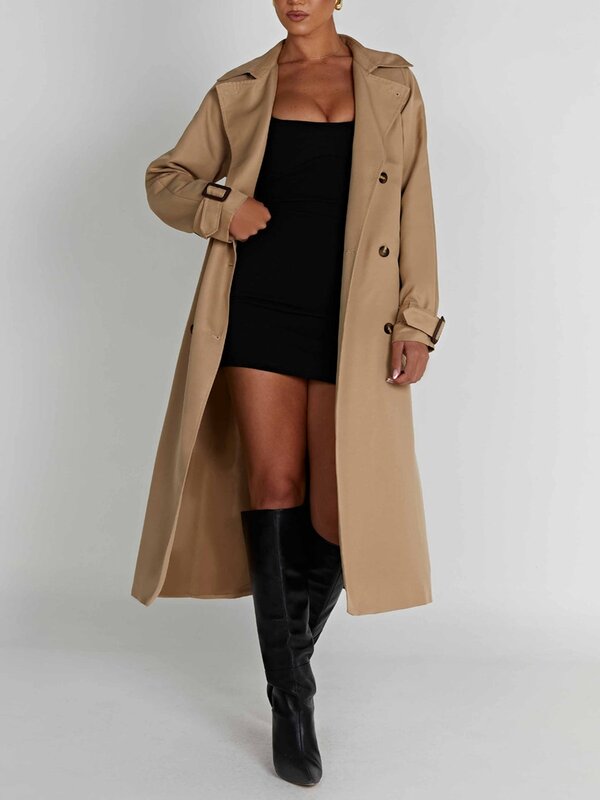 Mantel Trench wanita, kasual kancing dua baris, jaket lengan panjang penahan angin dengan sabuk pakaian luar
