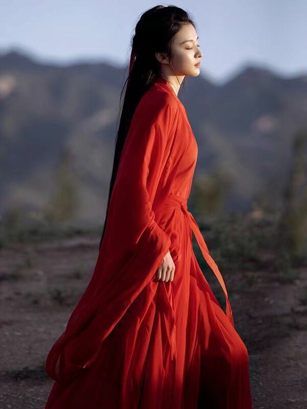 Merah Wei Jin kostum seni bela diri kuno kostum Hanfu kostum penampilan tari klasik Set Cosplay Hanfu elegan