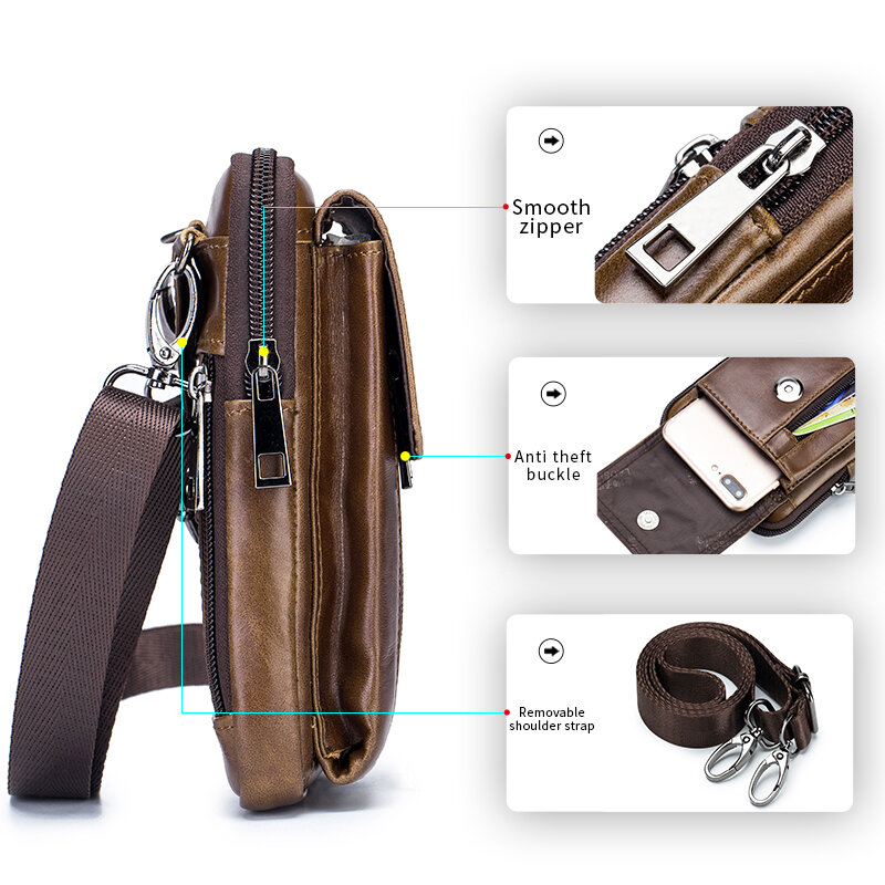 1pc Men's Cowhide Mobile Phone Purse First Layer Cowhide Men Wear Belt Leather Bag Belt Bag Casual Bag