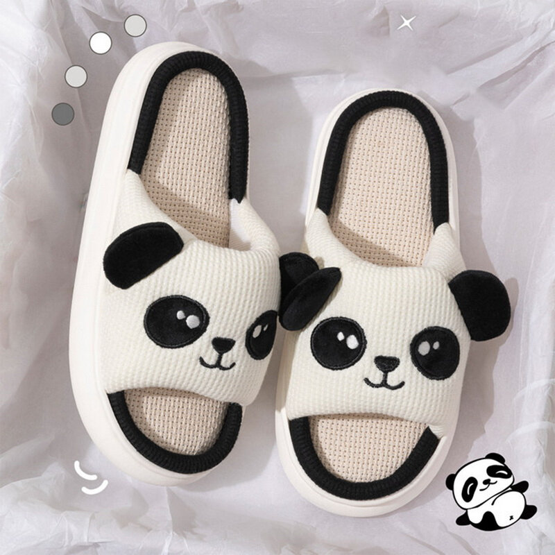 Cute Animal Panda Slippers For Women Girls Kawaii Indoor Linen Slippers Woman Cartoon Milk Cow Cat House Slipper Funny Shoes