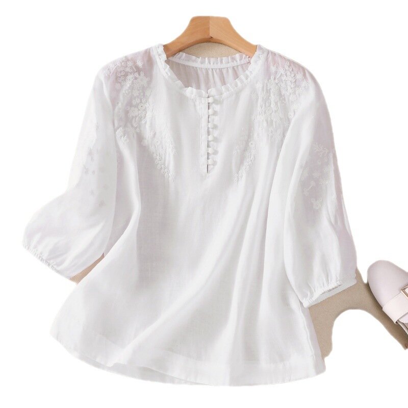 Blusa holgada de algodón con cuello redondo para mujer, camisa Vintage elegante con bordado, estilo informal, para verano, 3/4