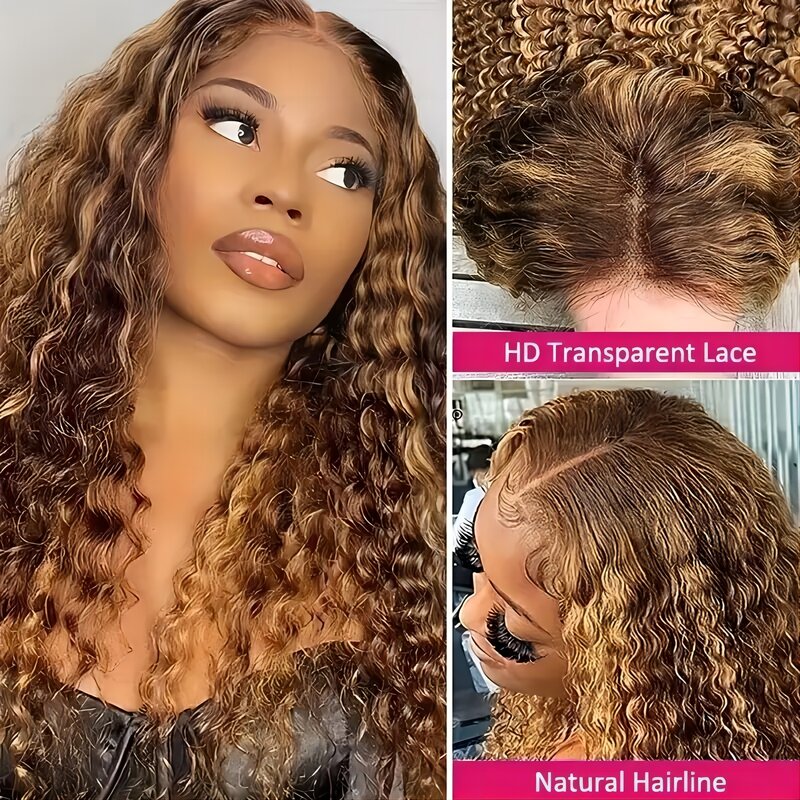 Water Wave Lace Front Wig, Glueless Cabelo Humano, Ombre Brown Highlight, Mel Blonde Color, Transparente Lace Encerramento, 4/27, 4x4