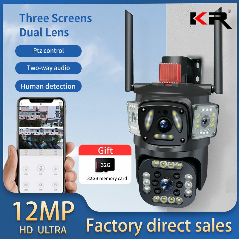 Outdoor Dual Lens Screen IP CCTV Camera, Câmeras De Segurança, 3 Telas De Proteção, Detecção De Movimento, WiFi, PTZ, 6K, 12MP