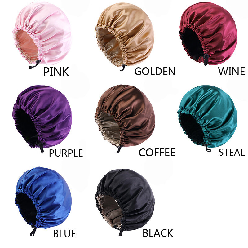 Mulheres Night Sleep Hair Caps Silky Bonnet Satin Double Layer Ajustar Head Cover Hat Para Curly Springy Hair Styling Acessórios
