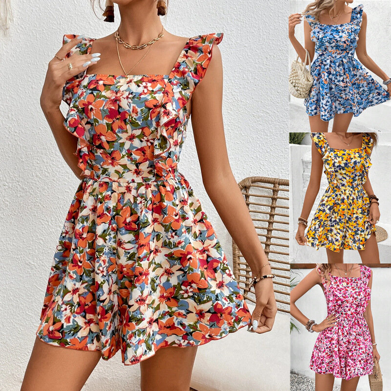 Girl Floral  Mono Sexys Mujer 2024 Summer Back Tie Up Jumpsuit Shorts Beach Vacation Sexy Woman Комбинезон С Юбкой