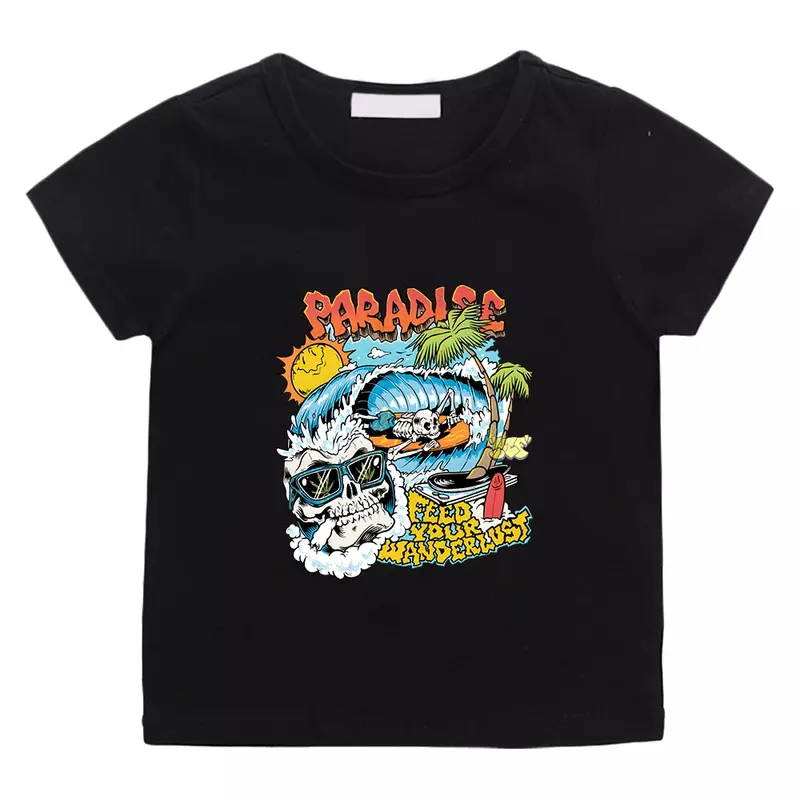 Paradies Skelett Sommer T-Shirt Baumwolle Kurzarm lässig T-Shirt Kawaii Cartoon Grafik druck T-Shirt Jungen und Mädchen