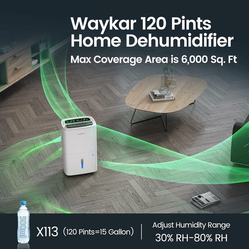 Waykar-deshumidificador para espacios de hasta 120 Sq, 6.000 Pints Energy Star Pies en casa, en sótanos y habitaciones grandes