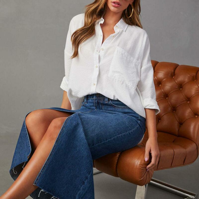 Jupe en jean taille haute pour femme avec poches fendues sur le devant, jupe mi-longue A-Line pour l'été, mode streetwear