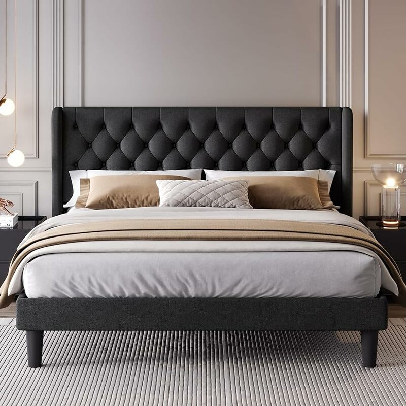 SHA CERLIM-King Size Plataforma Bed Frame, estofados cabeceira e Wingback, botão adornado Design, fácil montagem, preto