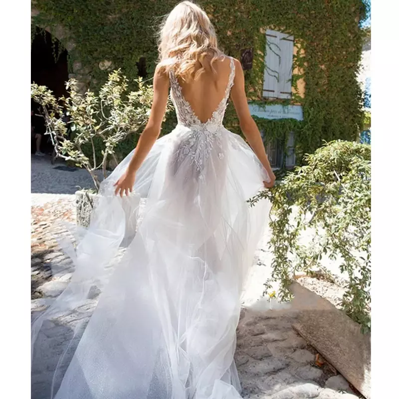 Stilvolle V-Ausschnitt A-Linie Neck holder zurück Hochzeits kleid elegante ärmellose 3D-Aufkleber Seite Split Halfter Brautkleid neue 2024 benutzer definierte