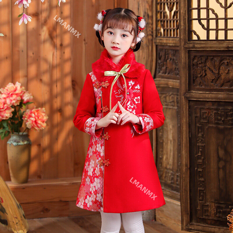 Mädchen Hanfu Neujahrs kleidung Kinder warm Cheong sam chinesischen Tang Anzug Kind Winter plus Samt niedlichen Stickerei Party kleid