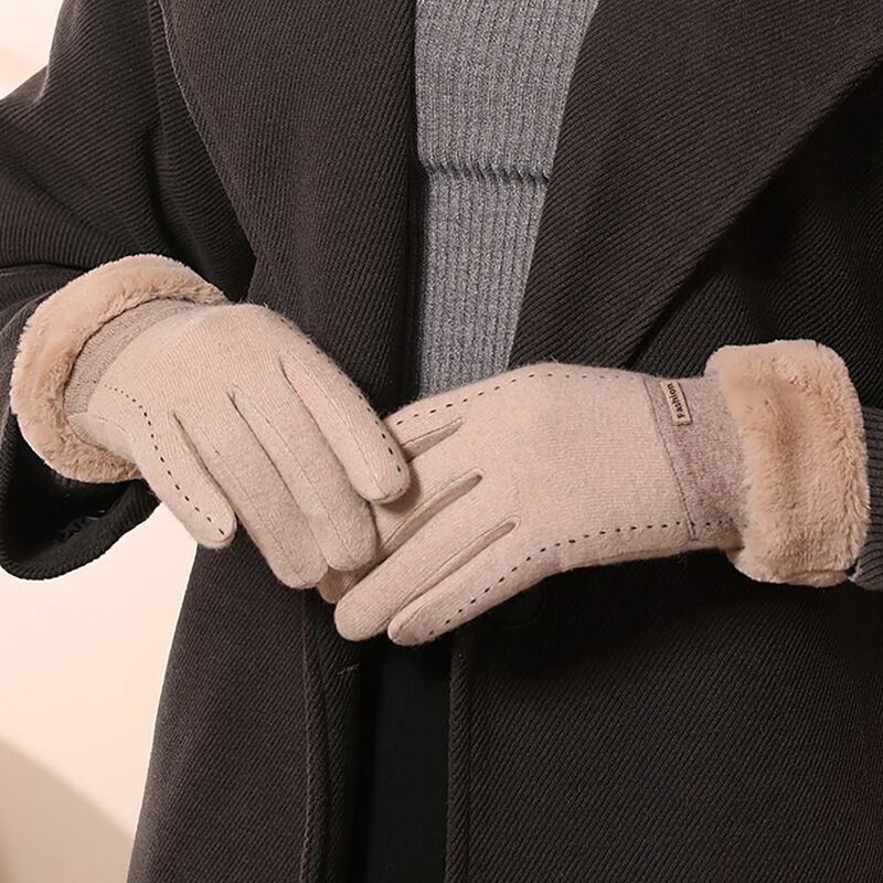 Luvas grossas de caxemira com padrão de bordado, luvas de dedo completo, quente, tela sensível ao toque, peludo, outono, inverno, 1 par