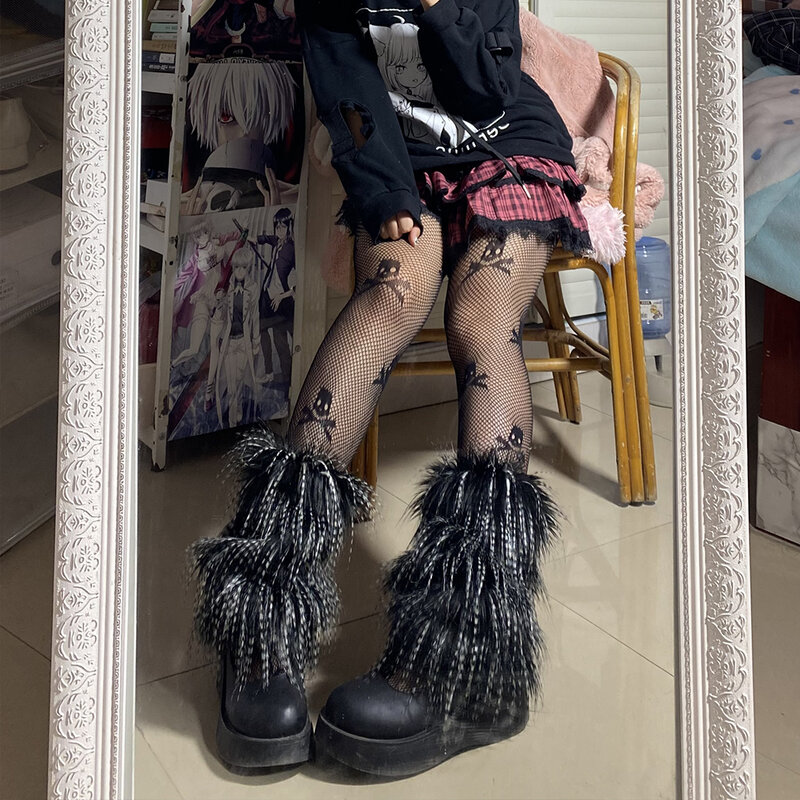 Calentadores de piernas de piel sintética para mujer, botas Jk, medias para niñas, Lolita, Punk, Harajuku, piel, cubierta de calentamiento de pies, otoño