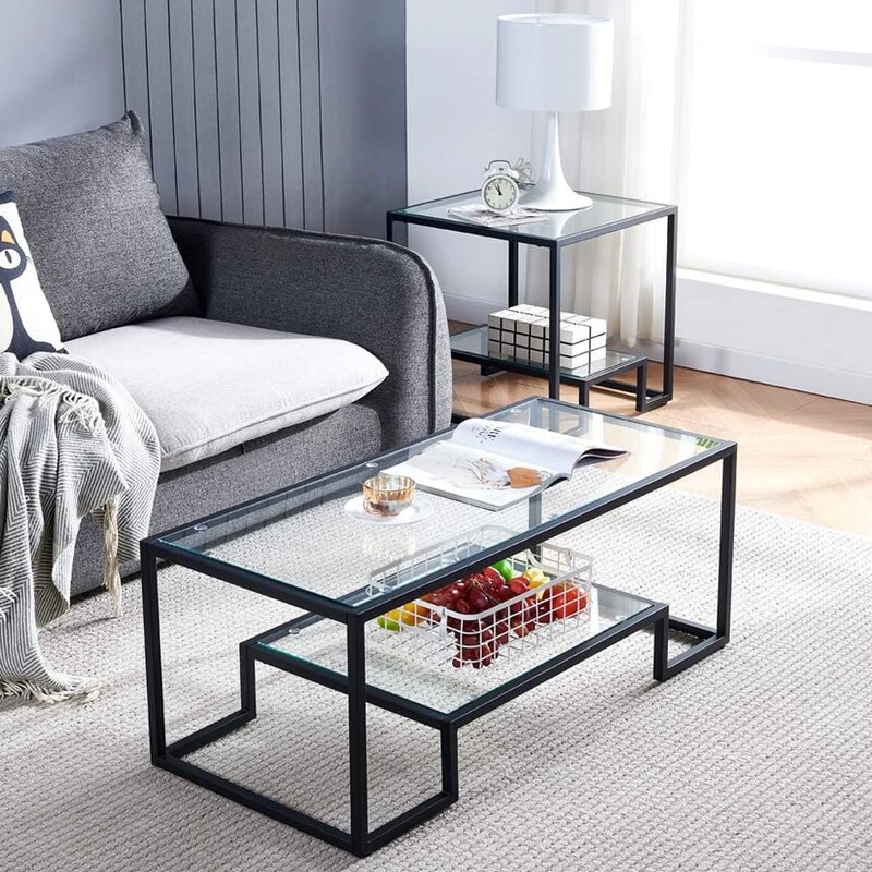 Metal Glass Coffee Table - Simple Center Coffee Table for Living Room Home, Metal Frame Coffee Table with 2 Shelves, Modern