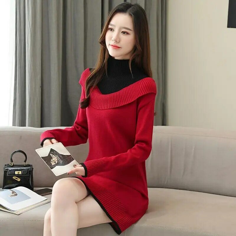 Fashion Turtleneck Knitted Spliced Casual Sweaters Women's Clothing 2023 Autumn Winter Loose All-match Pullovers Commuter Tops