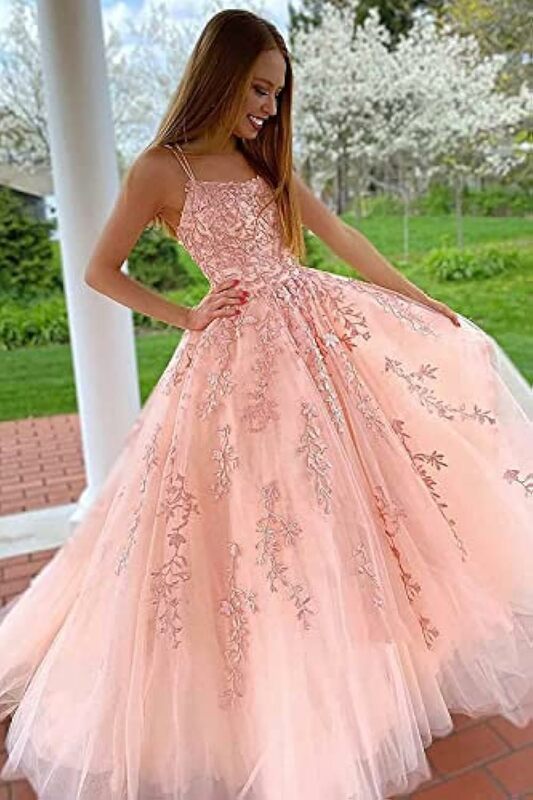Tulle Princess Appliques Homecoming Dresses for Teens Long Flower Spaghetti Straps Prom Dress with Pocket Long Puffy Ball Gown