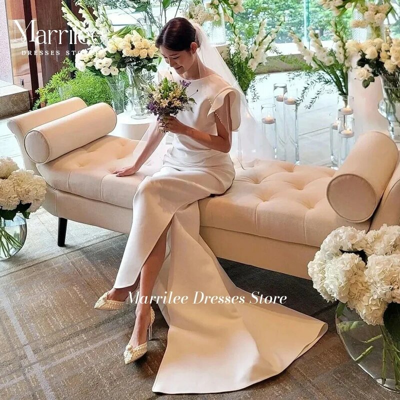 Elegant Dresses For Women Wedding Party In Satin  Scoop Neck Sleeve Cap Bridal Gowns 2024 Side Split Dress Pleated Long Skirt