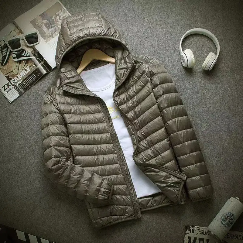 Jaket Hoodie hangat untuk pria, jaket musim gugur dan musim dingin Ultra ringan, jaket bertudung modis pendek warna putih bebek bawah untuk pria