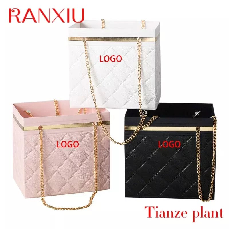Custom Luxury Square Gift Box Fold Flower Packaging Paper Bag Boxes Rose Bouquets Flowers Boxes With Chain