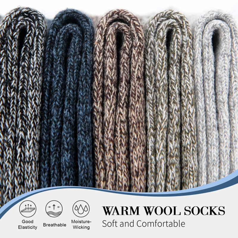 SIMIYA-Chaussettes de randonnée thermiques en laine pour hommes, chaussettes d'hiver chaudes, chaussettes d'équipage douces, chaussettes en coton contre le froid, US 7-13, 5 paires