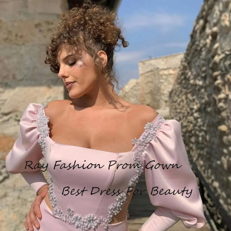 Gaun Prom lurus klasik leher persegi Satin dengan manik-manik lengan Puff penuh dengan gaun Formal belahan sisi tinggi seksi