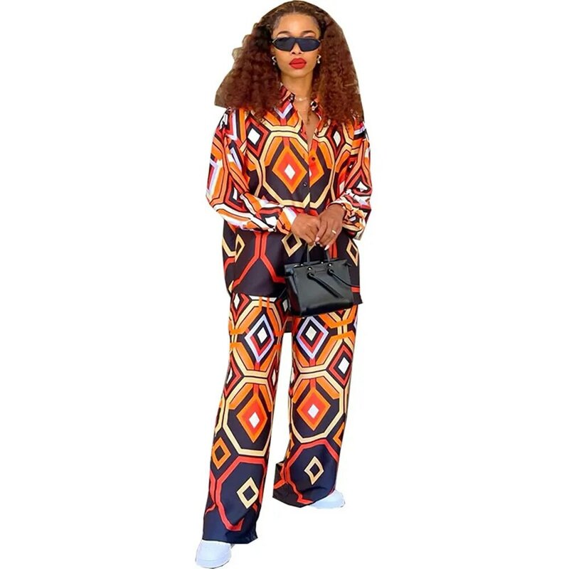 아프리카 2024 프린트 긴팔 셔츠, 신축성 있는 바지, 캐주얼 세트, 기본 여성복, 2307