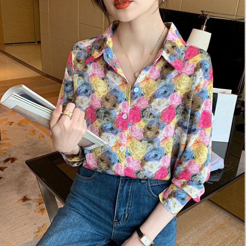 Prints Vintage Blouses Summer Loose Fit Long Sleeves Floral Women Tops Polo-neck Fashion Clothing Chiffon Women's Shirts