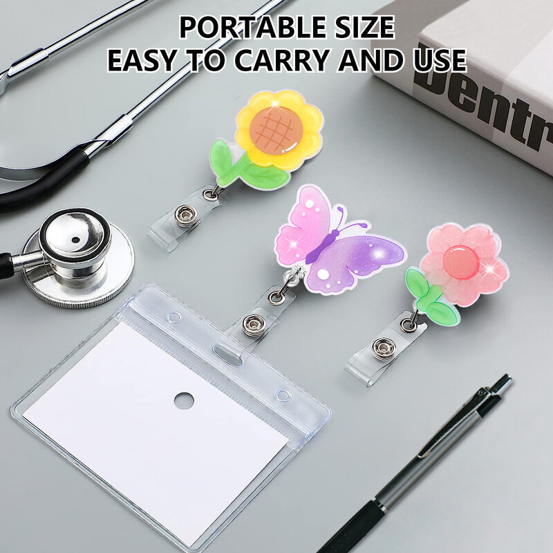 Cute Creative Badge Clip Flower Acrylic Butterfly Retractable Nurse Badge Reel Clip Badge Holder Students Doctor ID Card Holder
