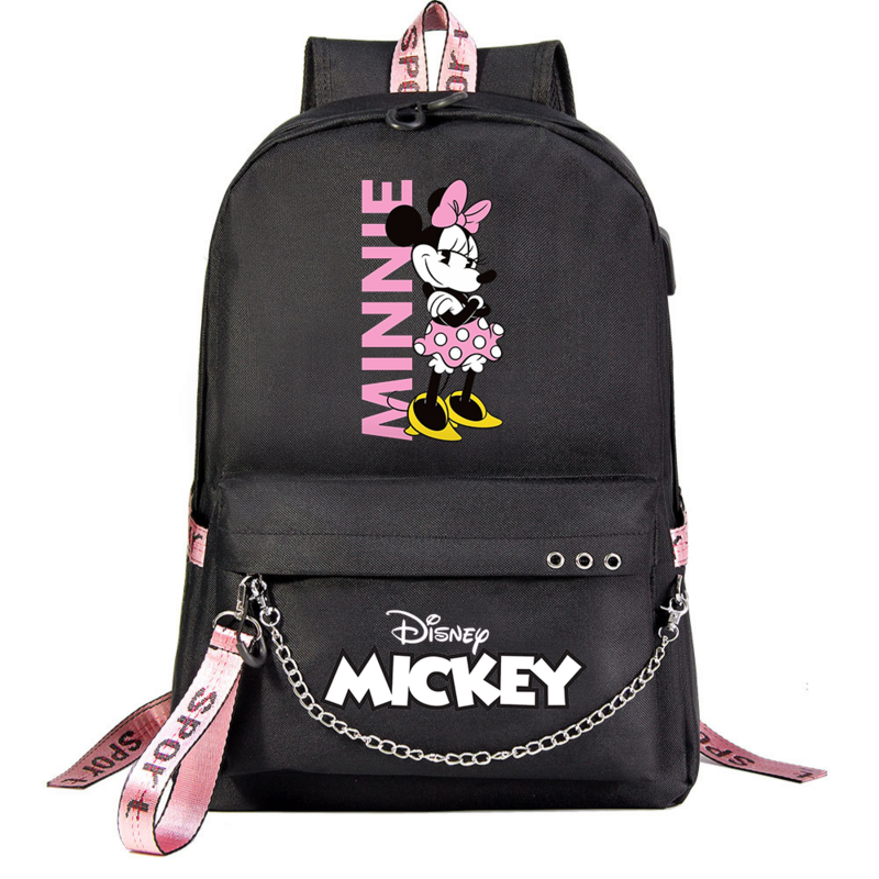 Disney Mickey Minnie Mouse ransel kasual pria wanita ransel perjalanan tas sekolah pelajar ransel Laptop dengan USB pengisi daya remaja