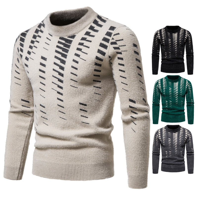 New Winter Patterned Sweater  Round Collar Autumn T-shirts Striped Warm Men's Fashion Outwear Pullovers