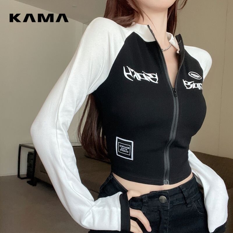 Женская Винтажная Футболка KAMA Y2K, весенний укороченный Топ с длинным рукавом и круглым вырезом, корейская мода, винтажные уличные футболки на молнии