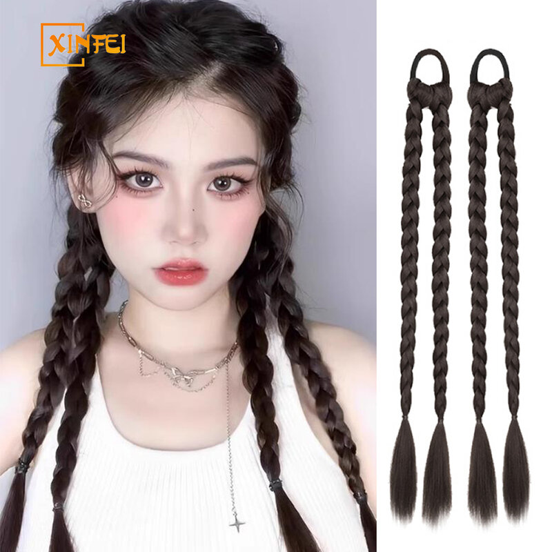High-temperature Fiber Braid Hair Women's Synthetic Sweet And Cool Braid Fluffy And Natural Long Straight Hair Double Ponytail