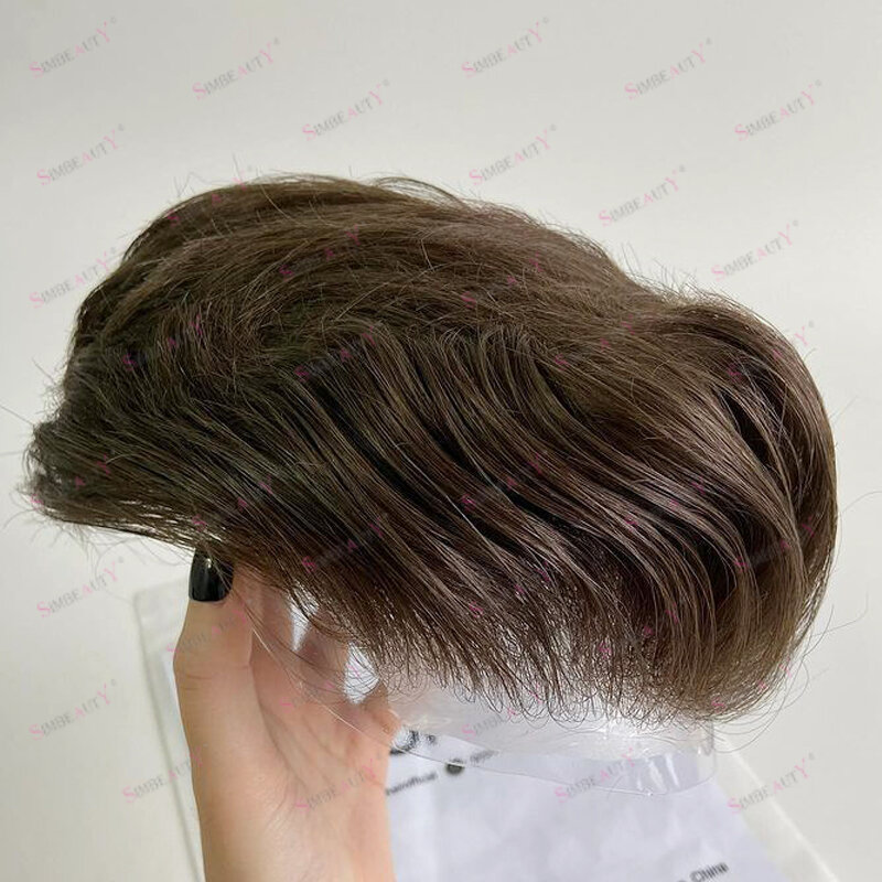 Светильник Коричневый мужской парик, 100% человеческие волосы, мужские парики, замена незаметной кожи Miscro 0,06 мм, волосы для мужчин