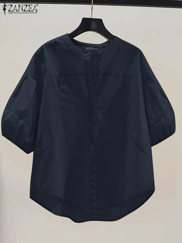 ZANZEA-Blusa feminina com o pescoço, camisa manga 3/4, blusa elegante de trabalho, botões sólidos para baixo, tops soltos femininos, túnica, verão, 2022