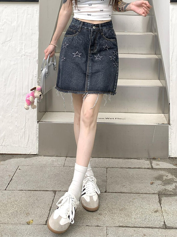 Rok Mini bordir geometris mode populer Korea rok Mini wanita seksi bungkus pinggul tinggi pinggang ramping A-line musim panas desain baru