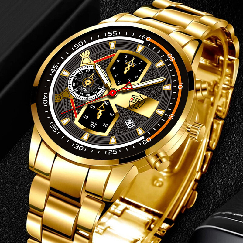 Часы наручные мужские, роскошные золотистые светящиеся Модные кварцевые, из нержавеющей стали, с календарем