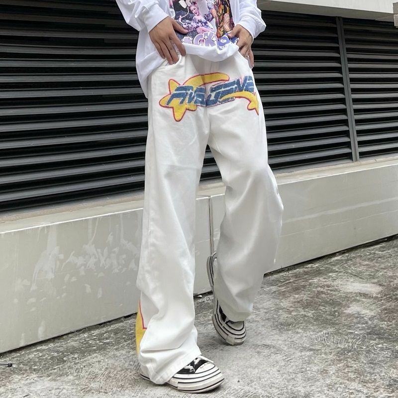 Джинсы Y2K мужские с вышивкой алфавита в стиле ретро, брюки из денима с широкими штанинами в стиле хип-хоп, прямые всесезонные повседневные свободные штаны в стиле панк