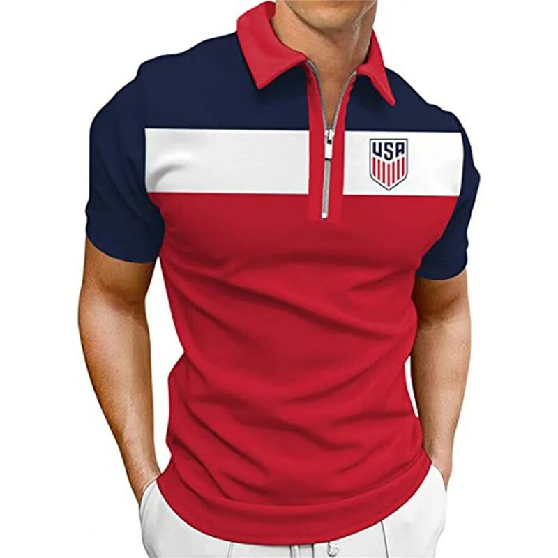 เสื้อโปโลมีซิปสำหรับผู้ชาย, เสื้อแฟชั่นทีมฟุตบอลฤดูร้อนแขนสั้นสีต่อสู้