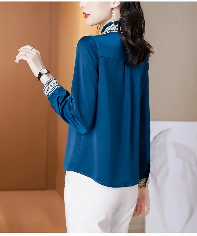 YCMYUNYAN-Camisa bordada de satén para mujer, blusas vintage, ropa de seda, mangas largas, tops sueltos de moda, primavera y verano