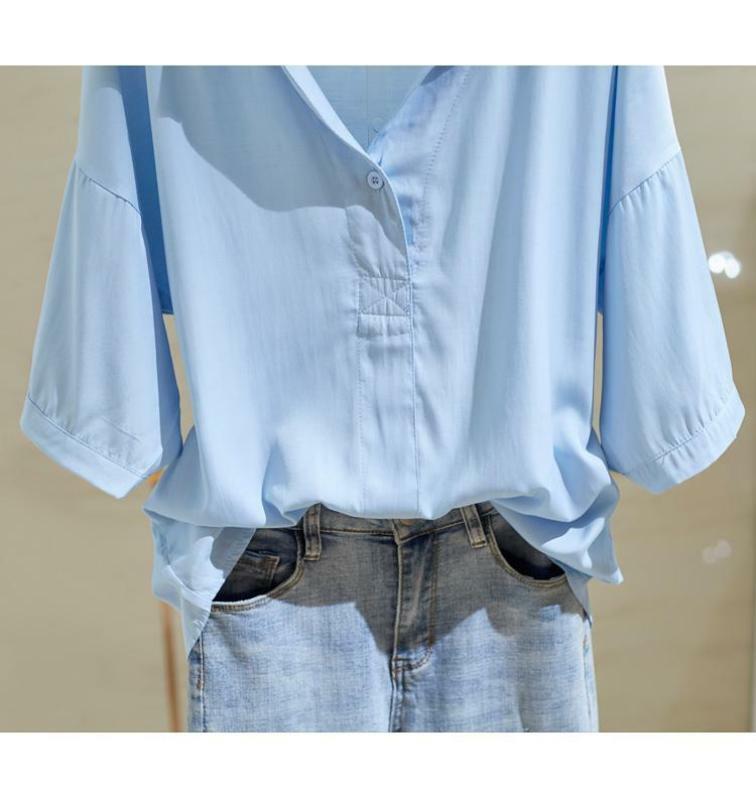 Camisa blanca con solapa de algodón de manga corta para mujer, Jersey coreano holgado, versátil, con botones y cuello en V, primavera y verano, novedad