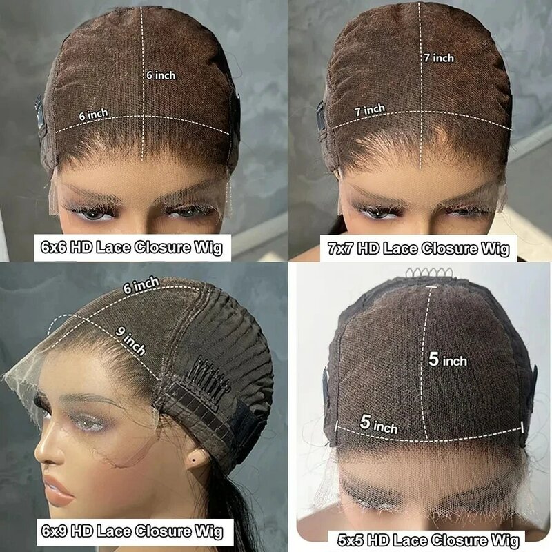 SHENGJ − Perruque naturelle lisse, avec bonnet en dentelle, sans colle, HD, 7x7, 5x5, 6x6
