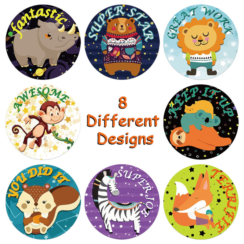 Stiker kartun hewan untuk anak, Stiker motivasi pola 1 inci stiker hadiah guru sekolah Label mainan anak-anak 50-500 buah