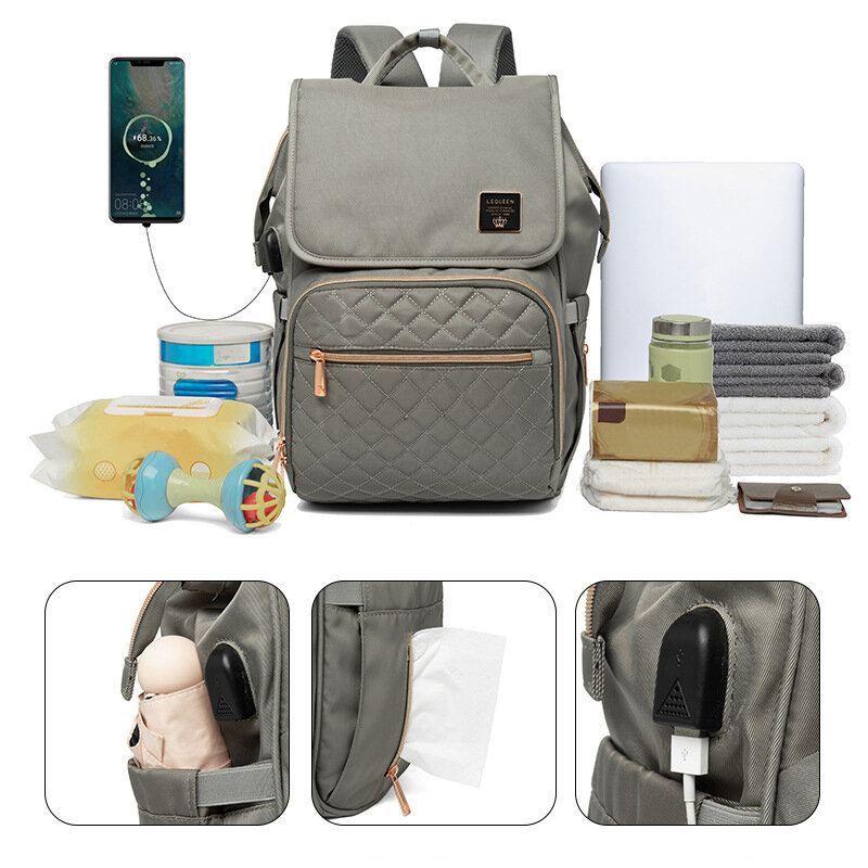 Lequeen elegante atualização fralda saco mochila, mochila de viagem multifunções, maternidade bebê mudando sacos, grande capacidade, 20L