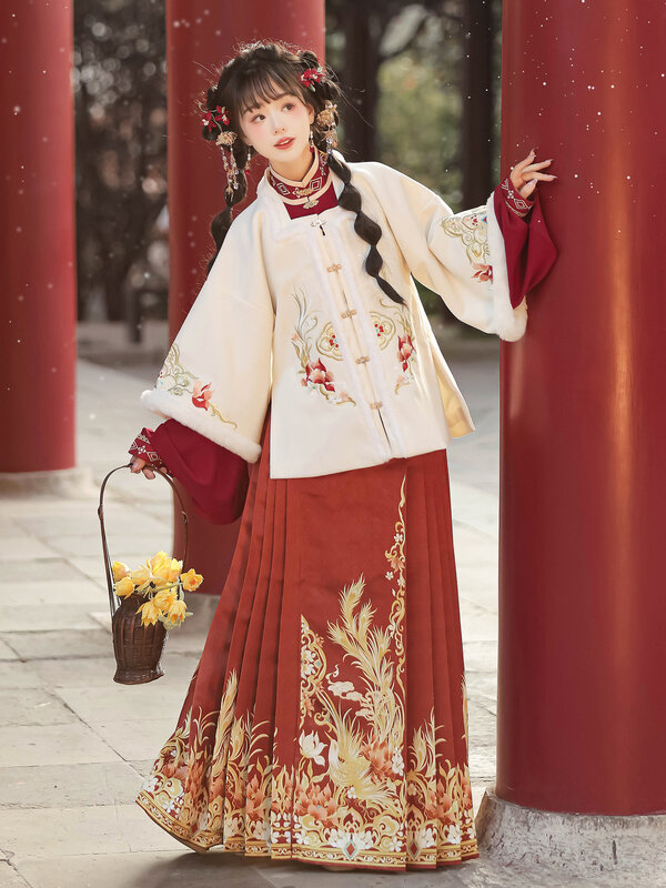 원피스 년 새해 한푸 여성 밍시스템 스퀘어 넥 숄, 말 얼굴 스커트, 두꺼운 가을 겨울 세트