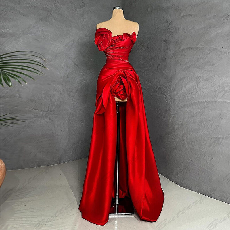 Gorgeous Satin A-line Evening Dresses Sexy Backless Mermaid Off The Shoulder Sleeveless High Slit Simple Mopping New Prom Gowns
