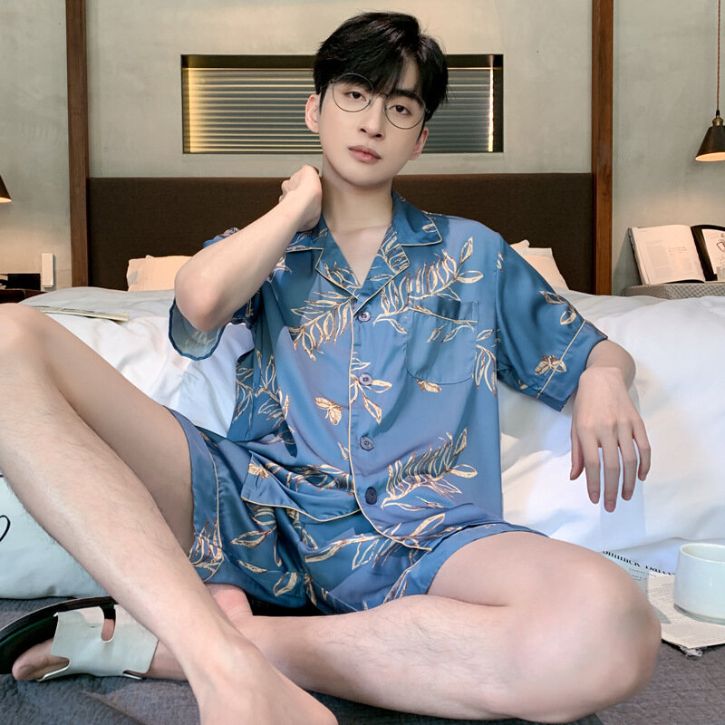 Fato de pijama de seda gelo masculino manga curta, pijama de poliéster masculino, roupa caseira, primavera, verão, moda nova tiple