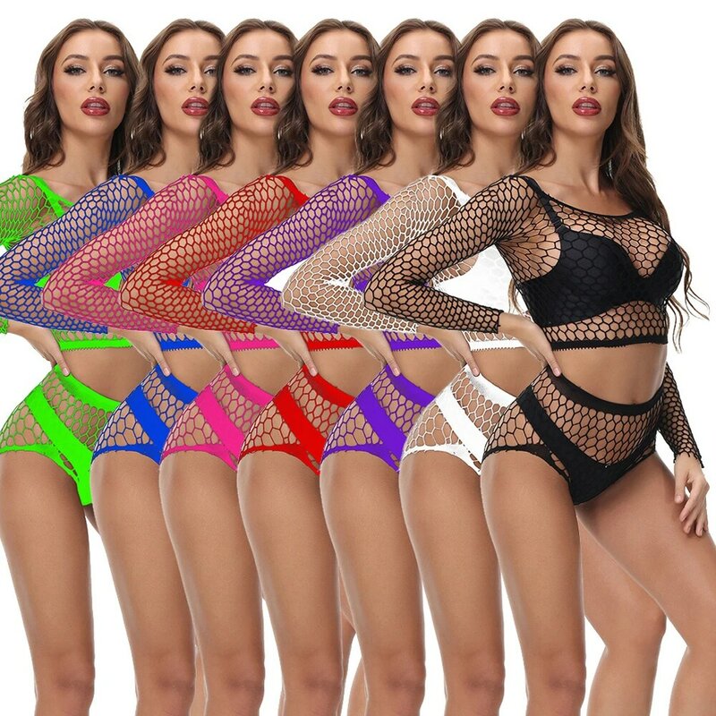 Sexy Fishnet Exotic Women Bodysuit Long Sleeve Off Mesh See Through Teddy Female Lingerie Erotic Hot Porno Hollow Out Underwear